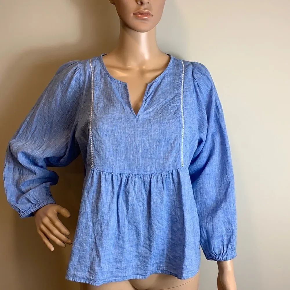 Banana Republic blue linen cotton peplum hem top blouse size S